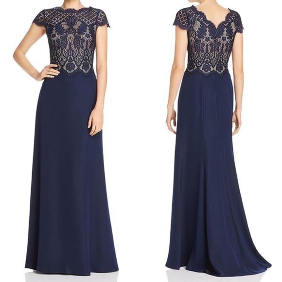 Tadashi Shoji Lace Crepe A-Line Sheath Maxi Dress Gown Navy - Picture 1 of 16